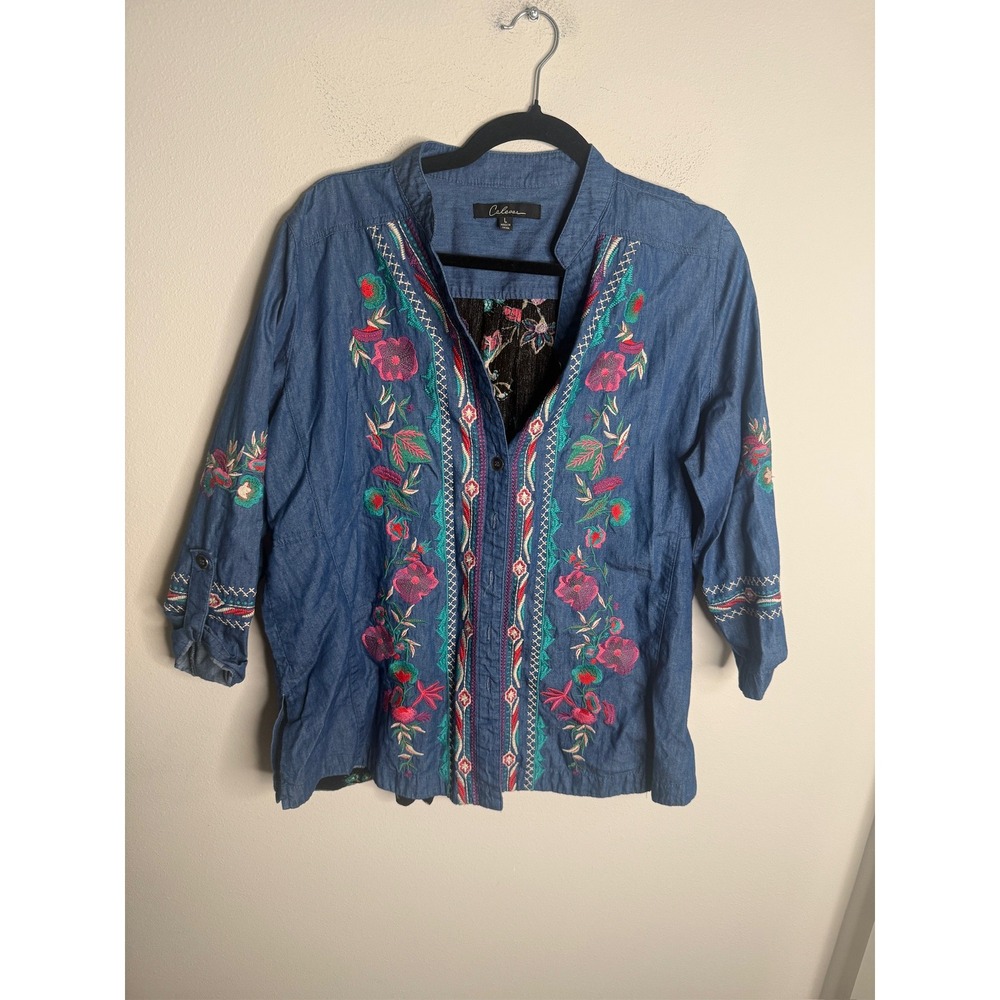 Caleoas Womens Embroidered Denim Shirt Blue Floral Boho 3/4 Sleeve Top Size L